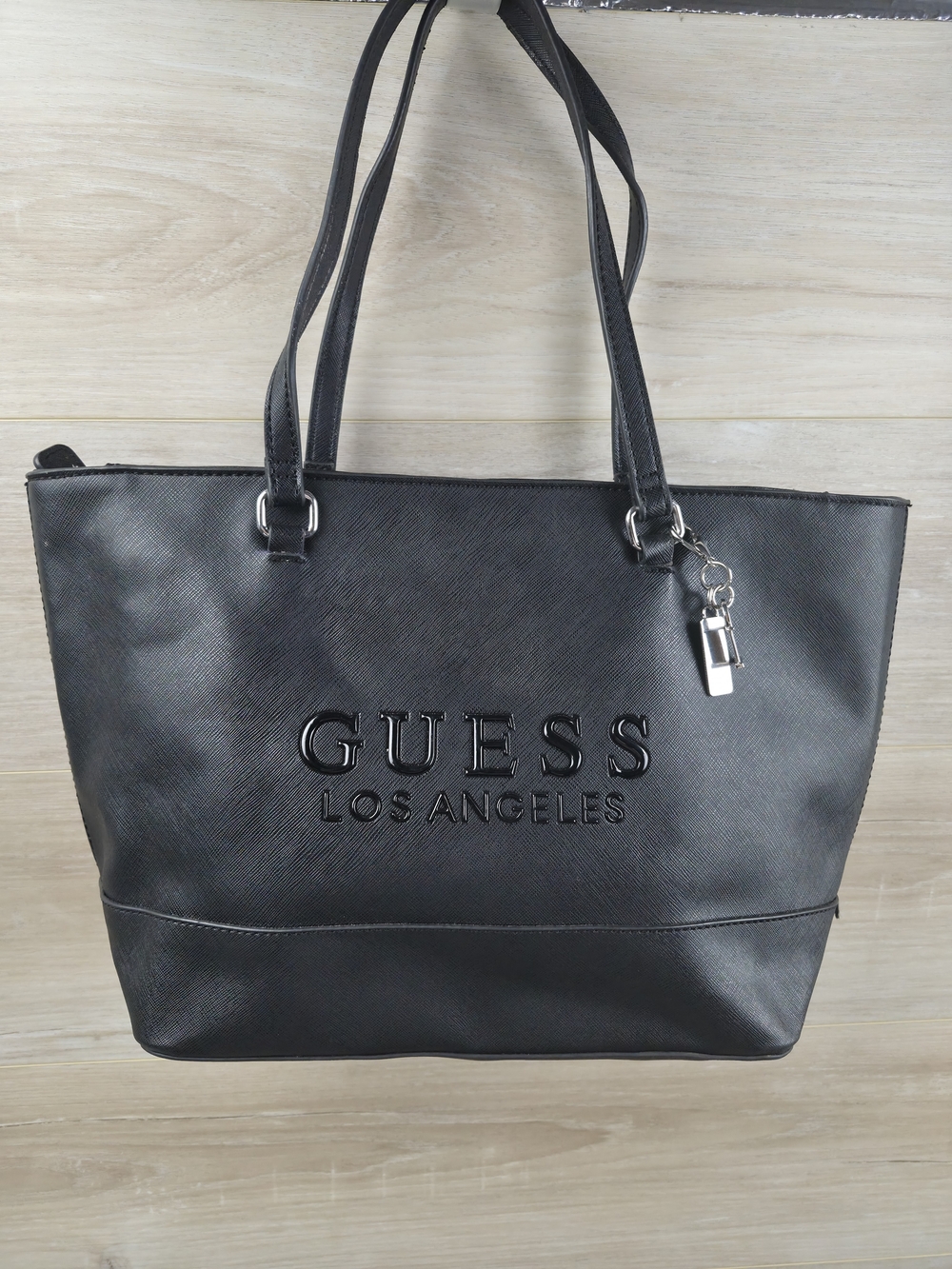 ​GUESS Los Angeles Black Saffiano Leather Tote Bag Hanging Charm Pocket